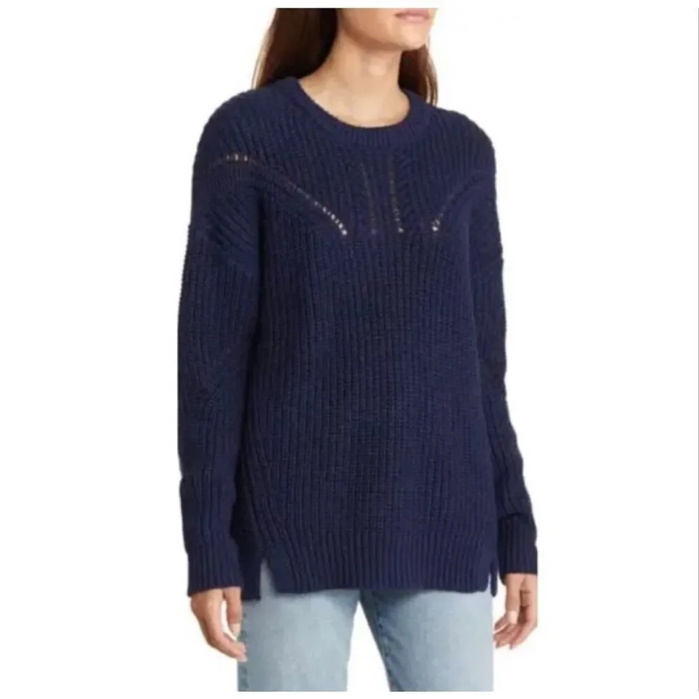 Caslon cotton blend ribbed pointelle knit crew neck sweater navy blue sz S NWOT